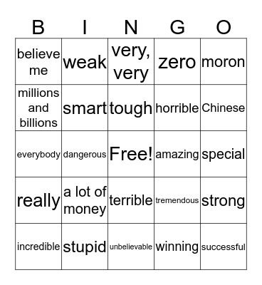 Trump's Favorite Words Bingo Card