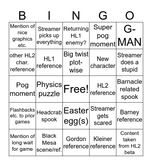 Half Life Alyx: Bingo Card