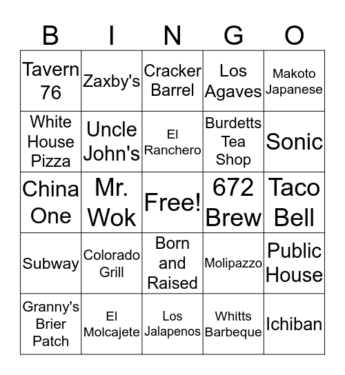 Take Away Bing Bingo Card