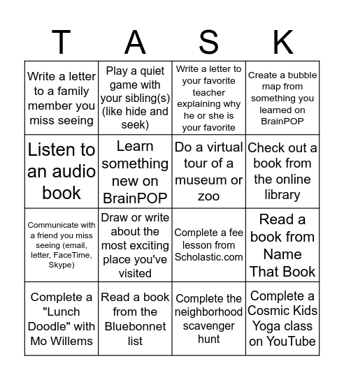 No School Task Card Bingo Card