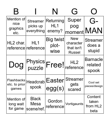 Half Life Alyx: Bingo Card