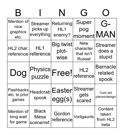Half Life Alyx: Bingo Card