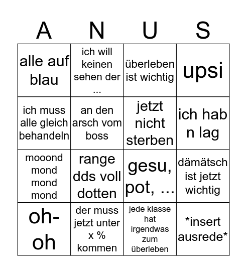 Anus Bingo Card