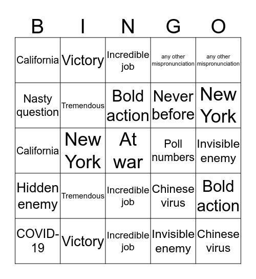 Coronavirus Briefing Bingo Card