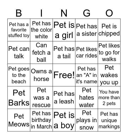 Pet Addicts Corner Bingo Card
