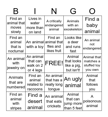 Zoo BINGO!!  Bingo Card