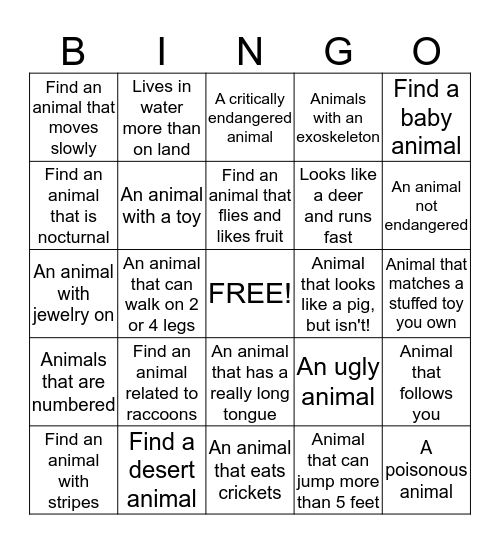 Zoo BINGO!!  Bingo Card