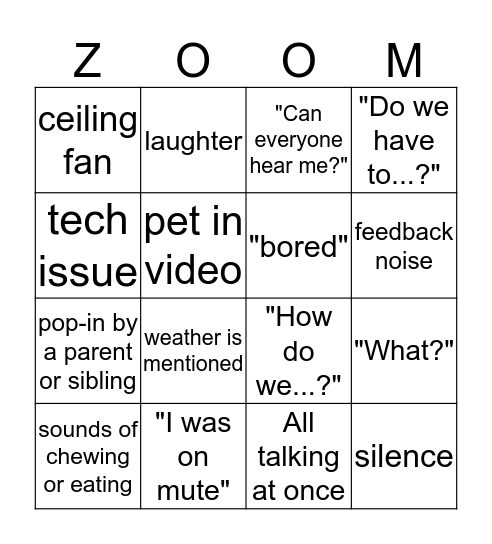 ZOOM bingo Card