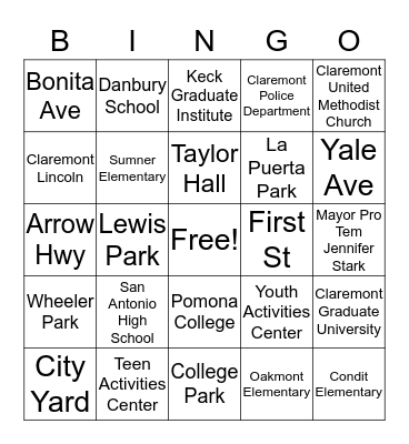 CLAREMONT COMMUNITY ZOOM Bingo Card