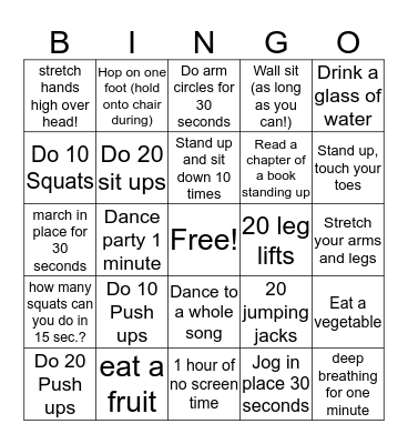 Transition Work out! Bingo Card