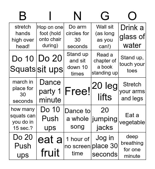 Transition Work out! Bingo Card