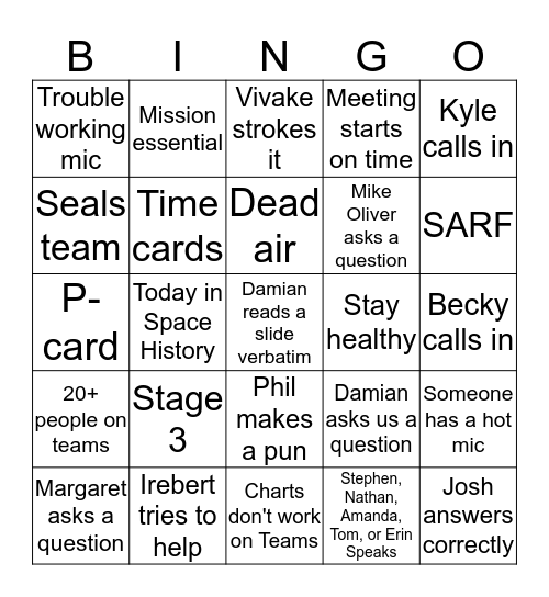 Weekly Branch Meeting Bingo Card