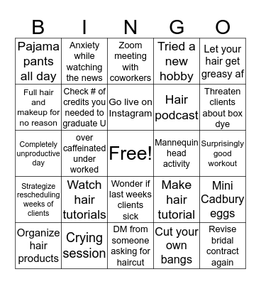 Hairstylist Quarantine Bingo Card