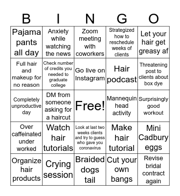 Hairstylist Quarantine Bingo Card