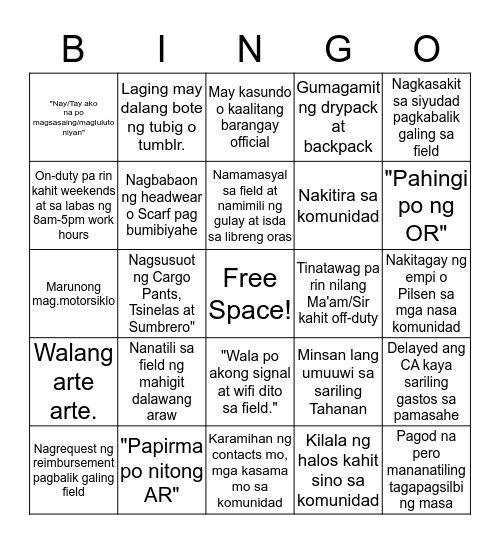 Field Worker Bingo Card