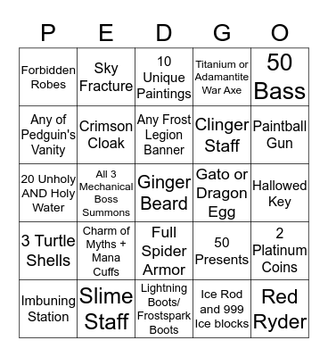 Pedguin Survival Bingo Card