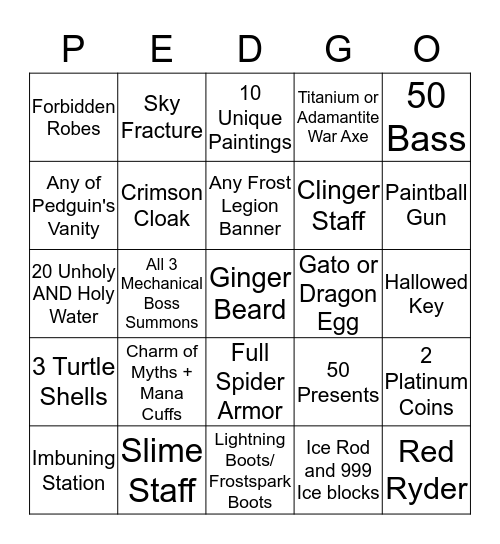 Pedguin Survival Bingo Card