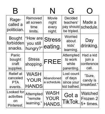 Quarantine Parent Bingo Card
