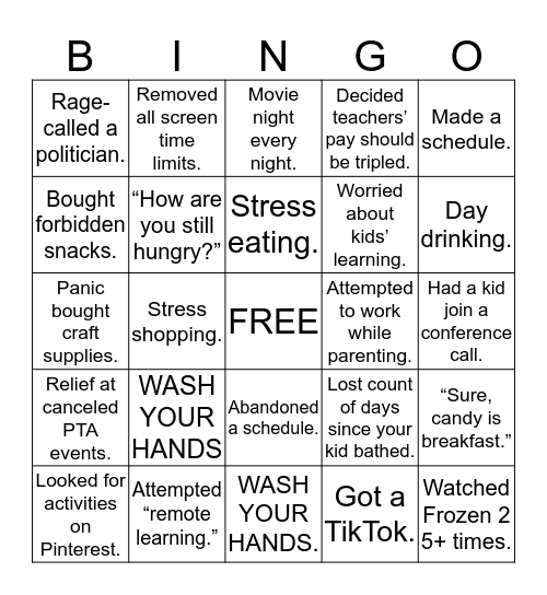 Quarantine Parent Bingo Card