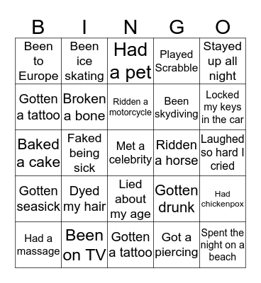 Never have I ever... Bingo Card