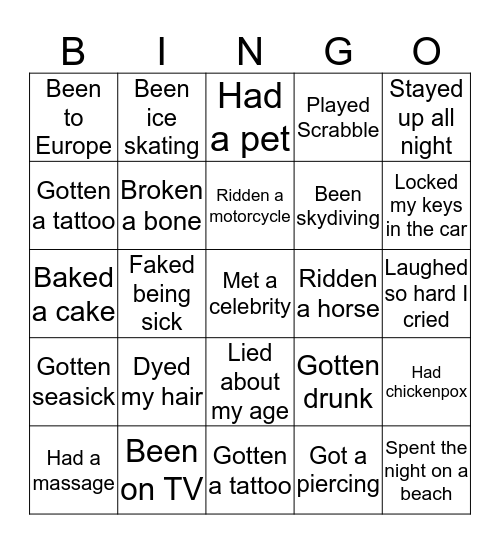 Never have I ever... Bingo Card