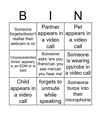 MarComms Working From Home Bingo Card