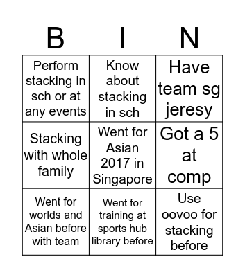 Team Singapore sport stacking Bingo Card