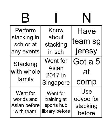 Team Singapore sport stacking Bingo Card
