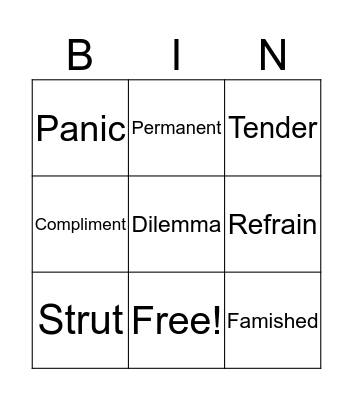 Vocabulary Words Bingo Card