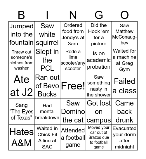 UT Austin BIngo Card