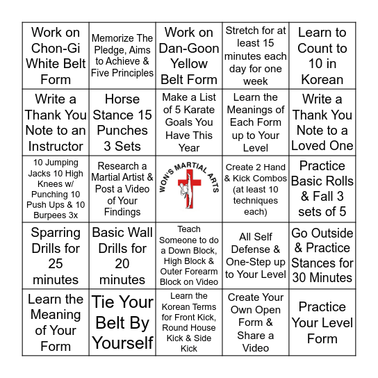 Won's Martial Arts BINGO Card