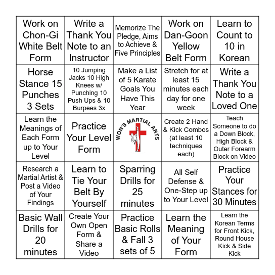 Won's Martial Arts BINGO Card