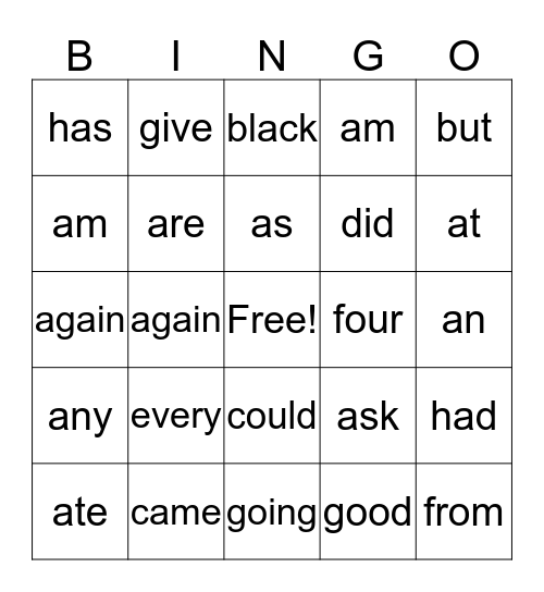 Grade 1 BINGO Card