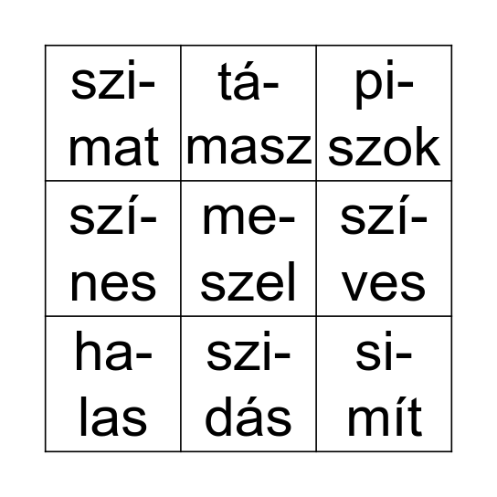 sz-s szavak Bingo Card