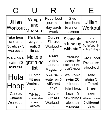 Curves Challenge Bingo Card