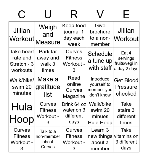 Curves Challenge Bingo Card