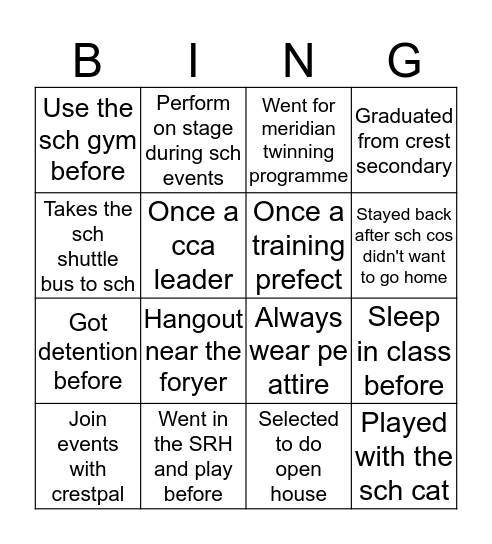 Crest secondary school bingo edition  Bingo Card
