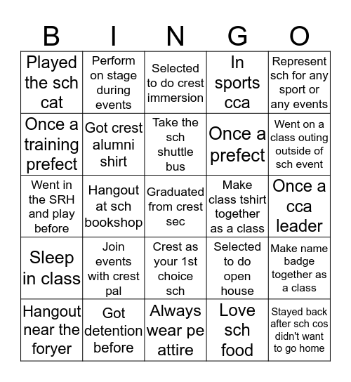 Crest secondary school bingo edition  Bingo Card