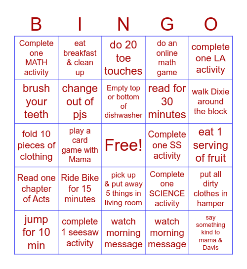 Hudson's  Daily Bingo Card