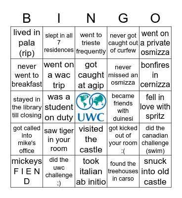 UWC Adriatic Edition Bingo Card