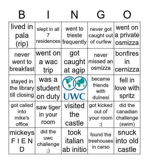 UWC Adriatic Edition Bingo Card