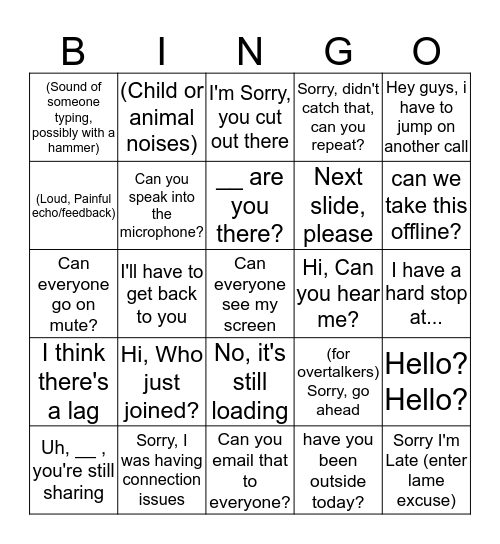 COVID Conference Calls Bingo Card