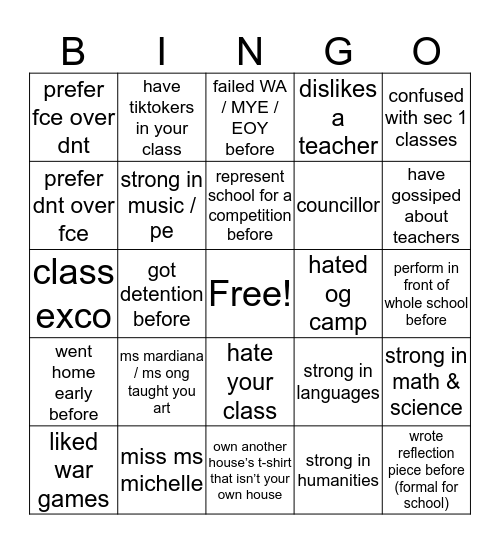 jurong sec bingo (@xavier) Bingo Card