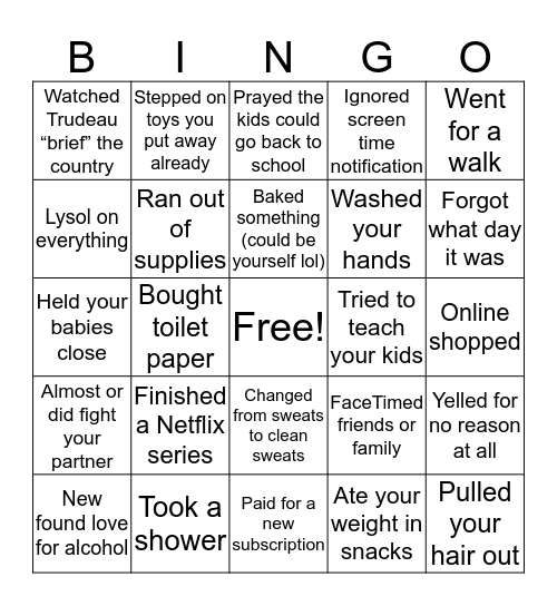 Quarantine BINGO Card