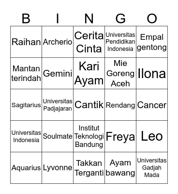 LYVONNE Bingo Card