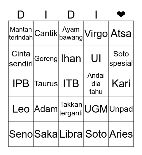 Sovernous Bingo Card