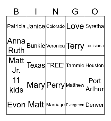 Atkins Family Reunion Bingo Card