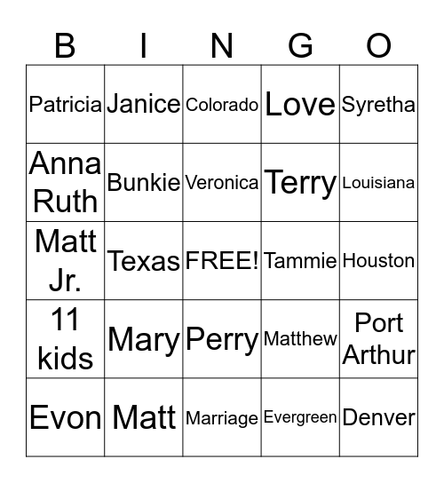 Atkins Family Reunion Bingo Card