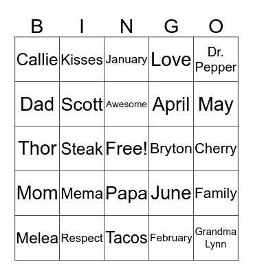 Sondag Family Bingo Card