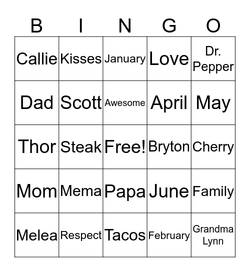 Sondag Family Bingo Card